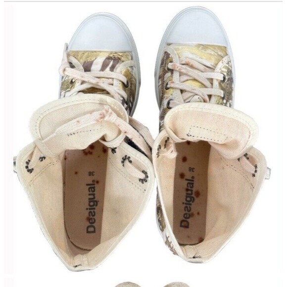 Desigual Elefante Canvas Wedge Sneakers Metalic Print Gold Fun Artsy Street 7.5 - Picture 7 of 13